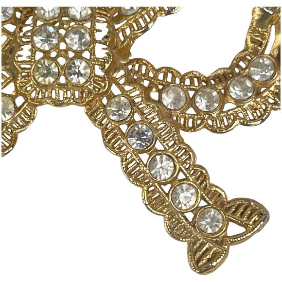Vintage Large Clear Rhinestone Bow Brooch Gold Tone Pin 3 3/4 Inch L N - Picture 6 of 10